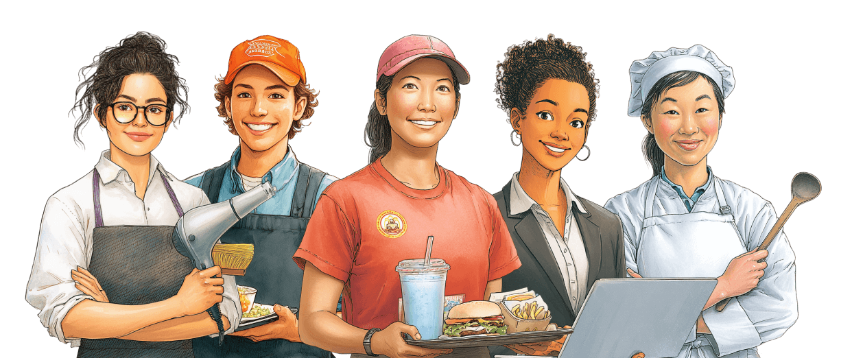 Workers from multiple industries, including service, food, office, and skilled roles.