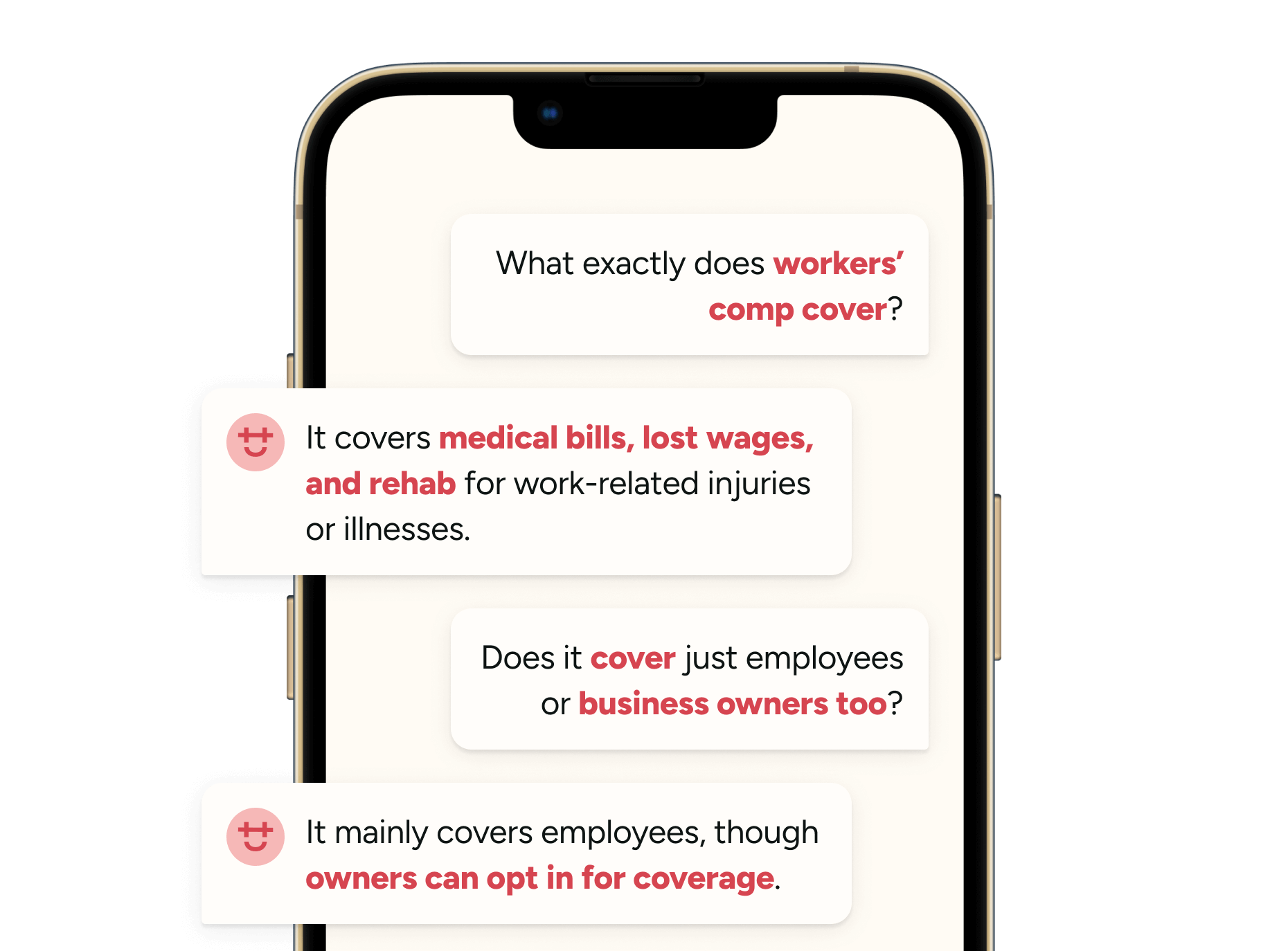Mobile screen showing a chat conversation explaining workers’ comp coverage and benefits.