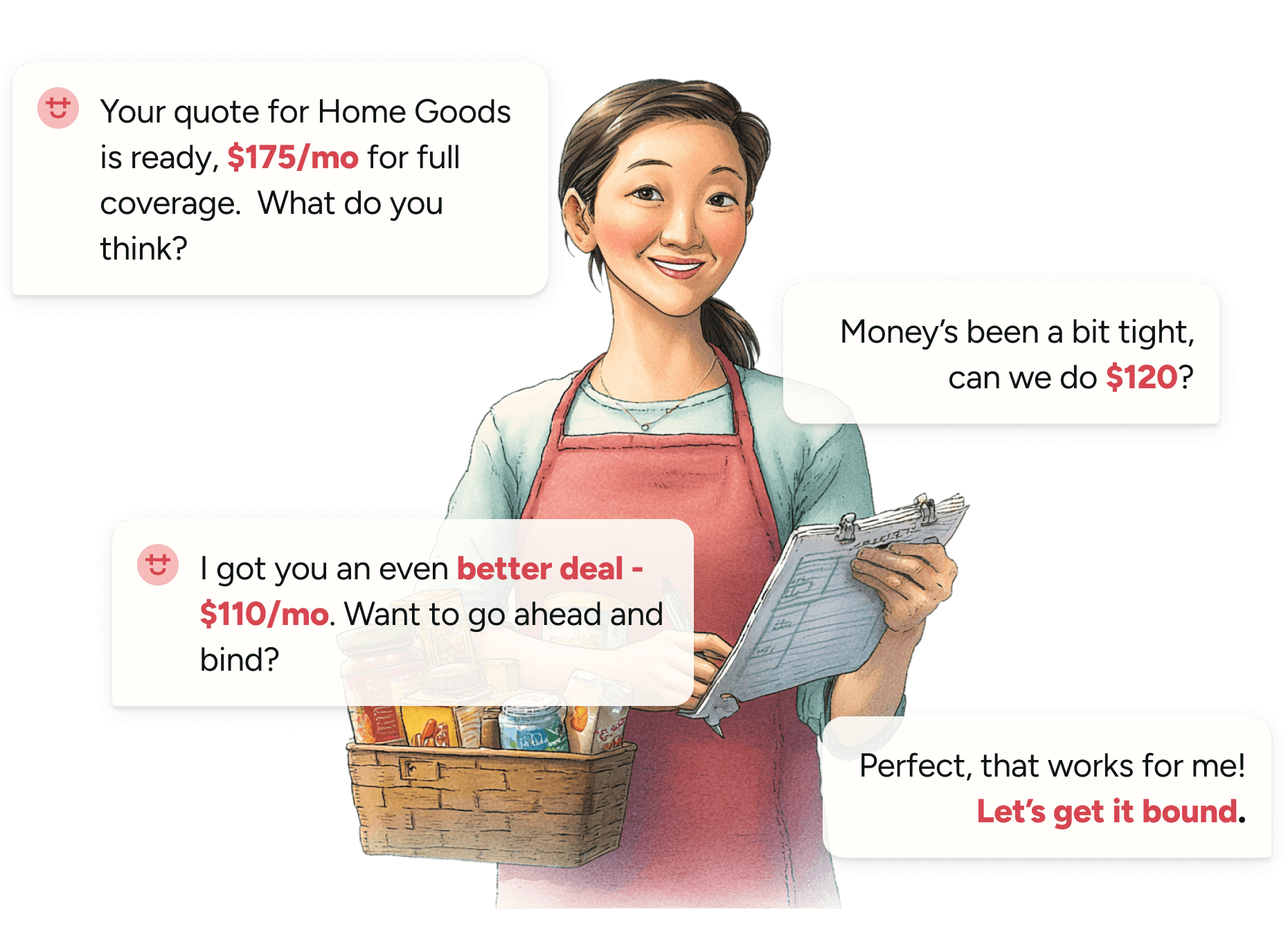 Shopper with a chat showing negotiation and agreement to bind coverage.